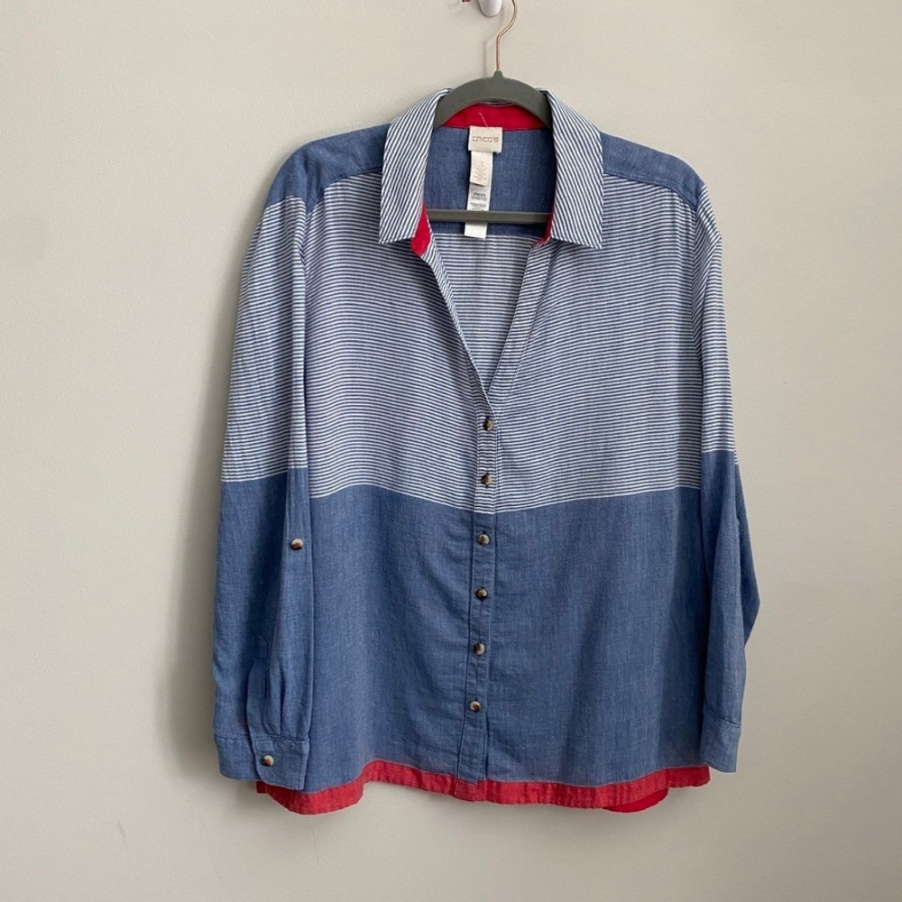 Chicos Colorblock Striped Chambray Button Down Shirt Womens XL Nautical Coastal